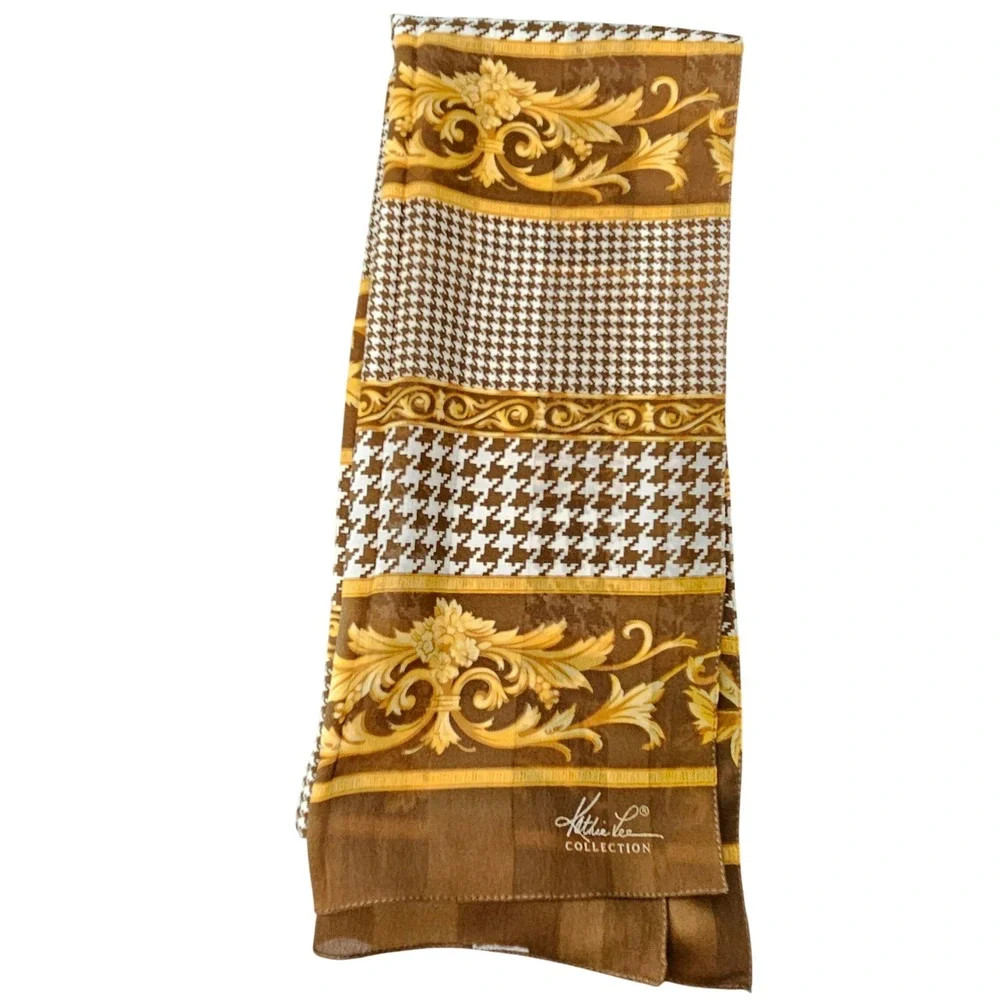 Kathie Lee Collection Scarf‎ Brown Gold Houndstooth Baroque Scroll Print Vintage
